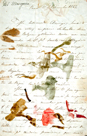 Carta de Mariano Téllez-Girón, XII duque de Osuna (1814-1882), al marqués de Jabalquinto o a Valentín Carderera y Solano (1796-1880), que éste utilizó al entonar los colores de una acuarela.Paris, 11 de noviembre de 1943. Madrid, AFLG_Archivo de Valentín Carderera. L 1, C 48-17. 