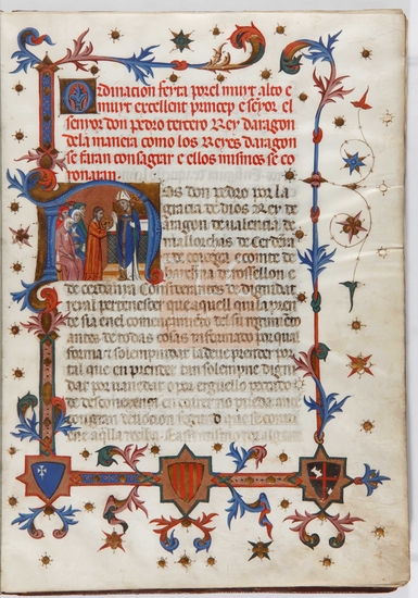 Ordinacion feyta por el muyt alto e muyt excellent princep e senyor el senyor don Pedro tercero Rey daragon de la manera como los Reyes daragon se faran consagrar e ellos mismos se coronaran, [S. XIV]. Fol. 1r